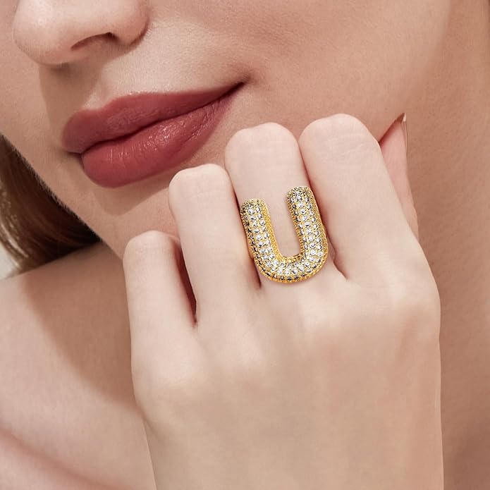 Cicy Bell Initial Rings for Women 14k Gold Plated Cubic Zirconia Delicate Letter Chunky Statement Open Rings Gifts for Her