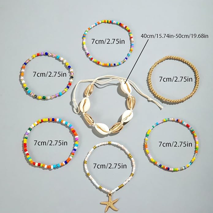 Boho Beaded Shell Anklet Bracelets for Women, 7 Pcs Layered Cowrie Shell & Colorful Beaded Ankle Bracelets with Gold Starfish Charm, Adjustable Summer Beach Foot Jewelry Gifts