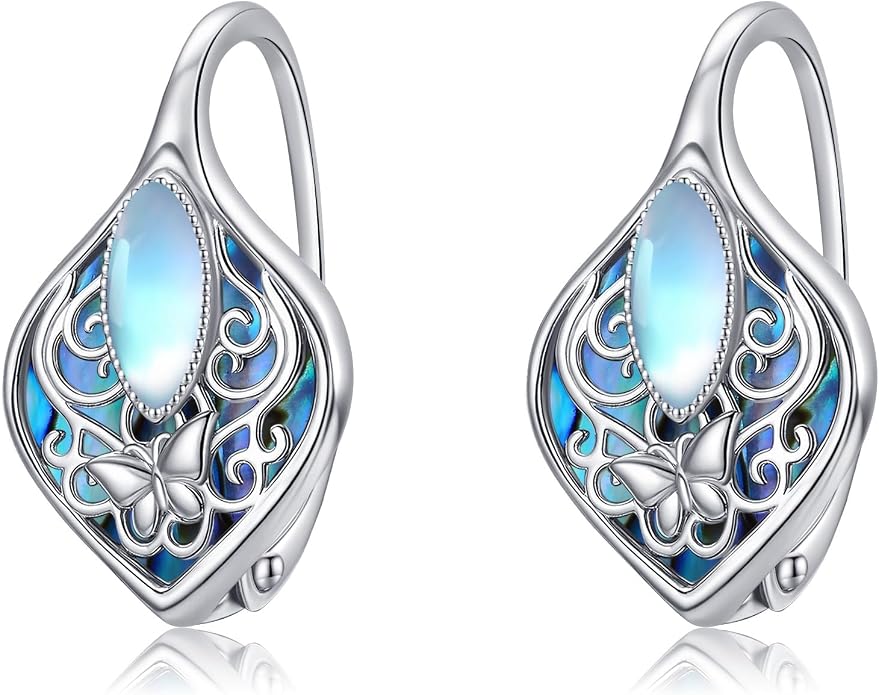 Moonstone Abalone Shell Earrings 925 Sterling Silver Dragonfly/Hummingbird/Butterfly/Lotus/Filigree Hoop Leverback Earrings Jewelry Gifts for Women
