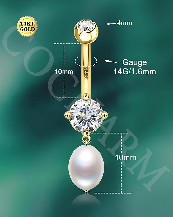 Cocharm Dangling Freshwater Pearl Belly Button Rings - 14K Solid Gold Navel Piercing Jewelry