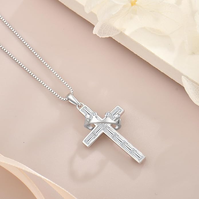 Gemstone Crown Cross Necklaces for Women, 925 Sterling Silver Rectangular cut Zircon Pendant With Rotated Crown Faith Cross Jewelry Gift