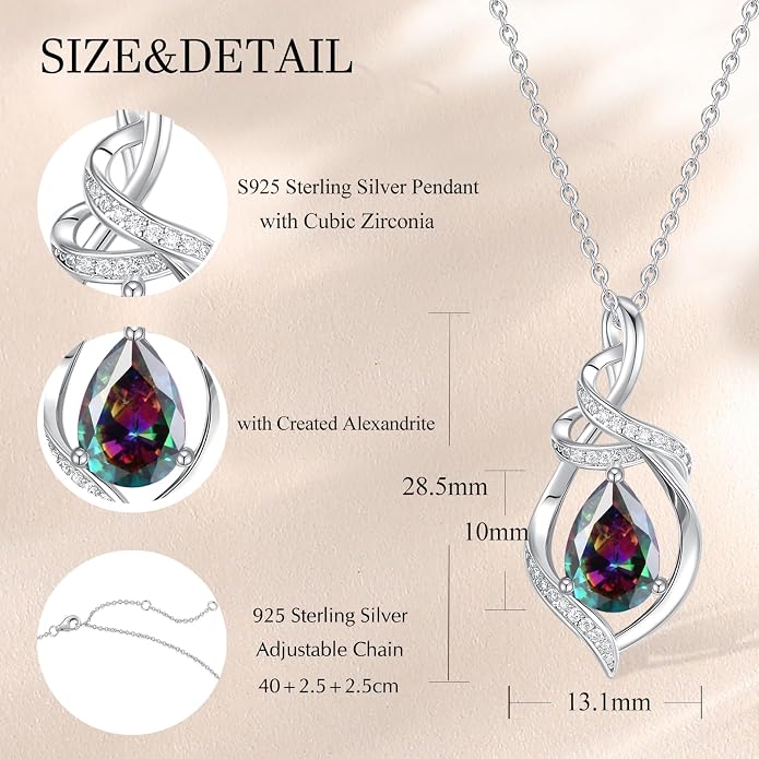 FANCIME Teardrop Birthstone Necklace for Women S925 Sterling Silver Elegant Ribbon Pendent Necklace Birthday Jewelry Gifts for Mom Wife Her, 16"+2" Inches