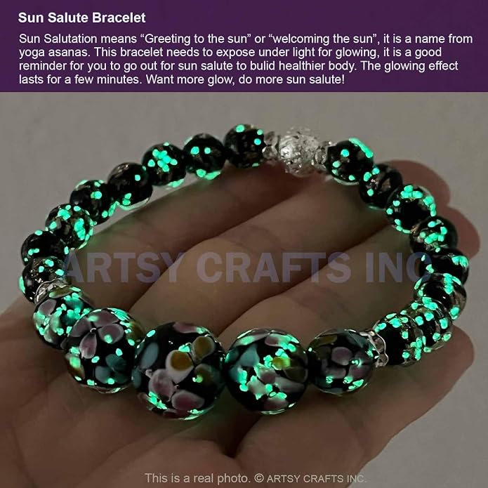 ARTSY Crafts Lily Garden Glow in the Dark Firefly Bead Bracelets Necklaces, Handmade in USA Murano Glass Jewelry, Flower Luminous Beads Mermaid Crystal Bracelet Bangle