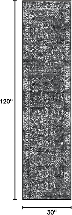 Lahome Margot Black Washable Runners for Hallways, Boho 2'6"x10' Kitchen Runner Rugs Non Skid Indoor Bathroom Runner Rug, Distressed Carpet Runners for Bedroom Entryway (2'6"x10', Black/Grey)