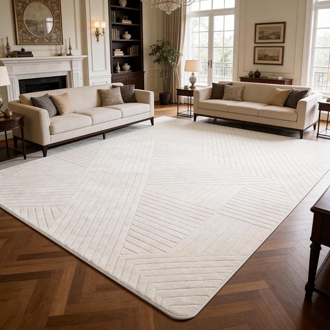 5x7 Beige Solid Geometric Area Rugs for Living Room Bedroom, Washable | High-Low Pile Textured Carpet, Ultra Soft, Durable, Non-Slip, Fluffy Floor Rugs for Bedroom, Kids Room, Nursery, Home Décor