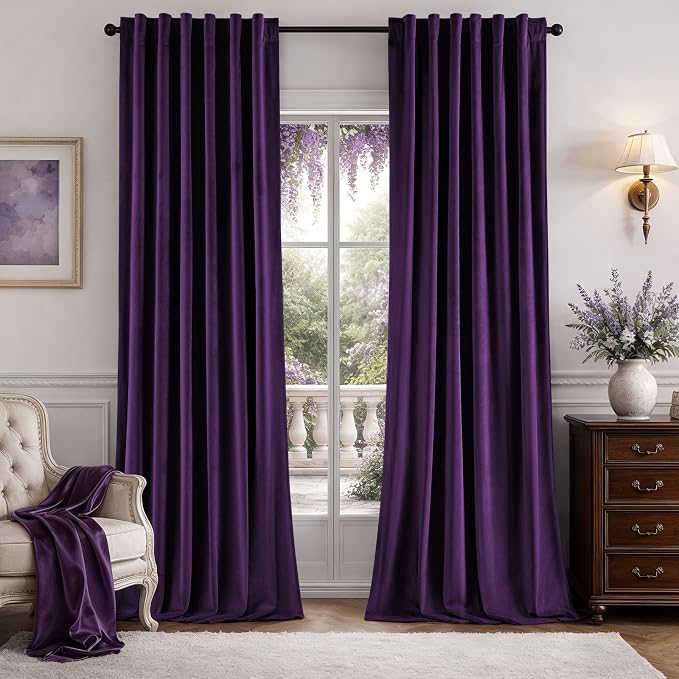 HOMEIDEAS 100% Blackout Purple Velvet Curtains, Thermal Noise Reduction Soft Luxury Vintage Christmas Velvet Curtains for Bedroom Decor, Living Room, Home, 52 X 96 Inch, 2 Panels