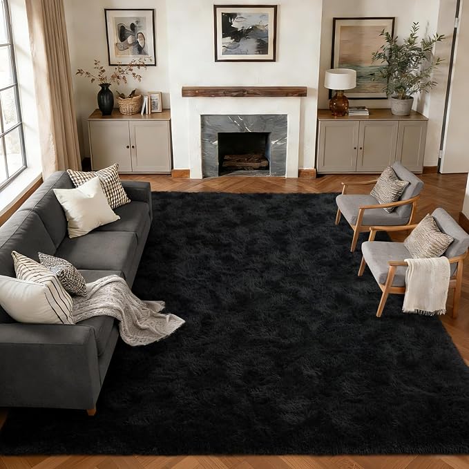 9x12 Extra Large Area Rugs for Living Room, Shaggy Non-Slip Rugs for Bedroom Kids Playroom Dorm Room, High Pile Ultra Soft Carpet, Black