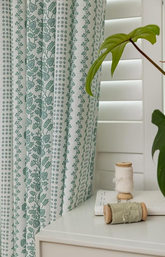 DrapePalette - Linen Blend Pinch Pleated Curtains 84 Inches Long for Living Room, Bedroom, Dining Room, Light Filtering Curtains 2 Panels Set, Modern Floral Printed Design, Summer Green, 30" W x 84" L