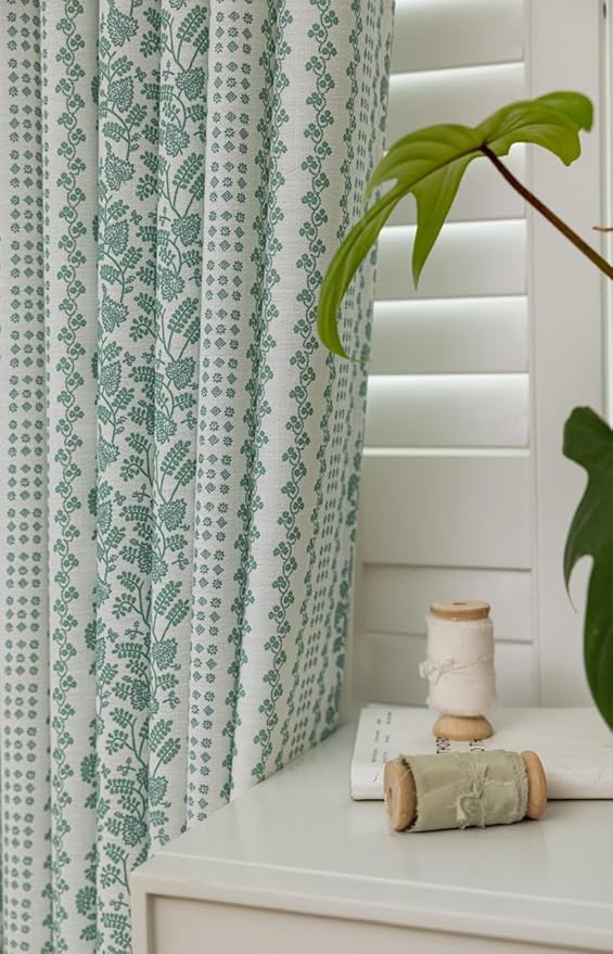 DrapePalette - Linen Blend Pinch Pleated Curtains 96 Inches Long for Living Room, Bedroom, Dining Room, Light Filtering Curtains 2 Panels Set, Modern Floral Printed Design, Summer Green, 30" W x 96" L