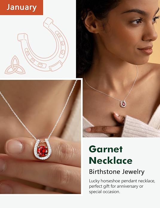 925 Sterling Silver Horseshoe Necklace for Women Round Gemstone Birthstone Necklace Sapphire/Emerald/Ruby/CZ Horse Shoe Pendant Necklaces Jewelry Gift
