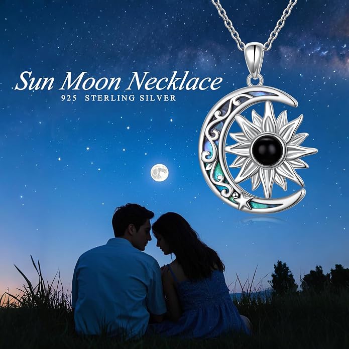 925 Sterling Silver Sun and Moon Necklace Abalone Shell Crescent Moon Sun Pendant Necklace Gemstone Jewelry Birthday Gifts for Women