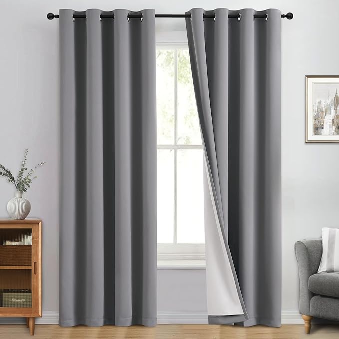 Yakamok Grey 100% Blackout Curtain Panels 84 inches, 50" Wide, 2 Panels | Blackout Curtain Panels for Bedroom, 2 Thick Layers Grommet Top Thermal Insulated Drapes with White Back for Living Room