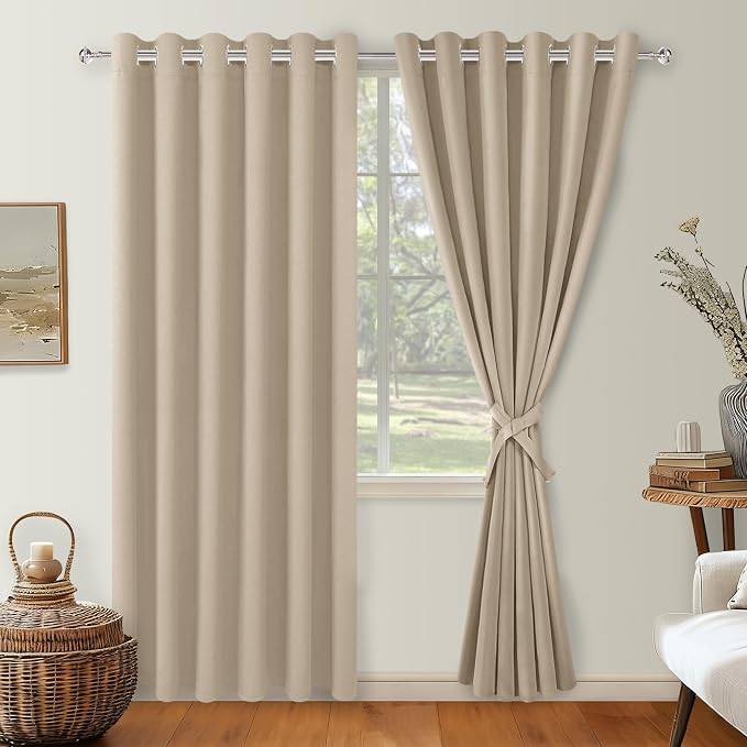 Hiasan Grommet Blackout Curtains for Bedroom, 70 x 84 Inches - Thermal Insulated & Light Blocking Window Drapes for Living Room/Dorm Room, Set of 2 Panels Sewn with Tiebacks, Taupe
