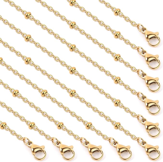 Cadikez 24PCS Gold Satellite Chain Necklace Bulk, 2mm 18inch 18K Gold PVD Plated Stainless Steel Finished Beaded Cable Link Chains for Necklace Jewelry Making