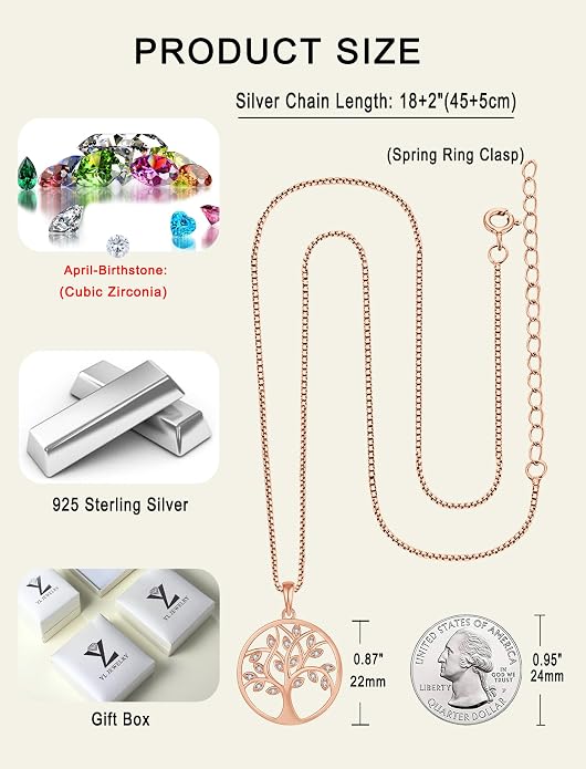 YL 925 Sterling Silver Tree of Life Necklace for Women Round Tree Pendant Birthstone Jewelry for Mom