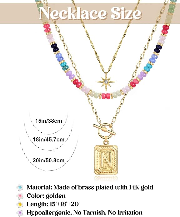 MJartoria Layered Initial Necklaces for Women Trendy, 14K Gold Plated Brass Simple Star Choker Square Letter Pendant Necklace, Colorful Beaded Necklaces Jewelry Gifts