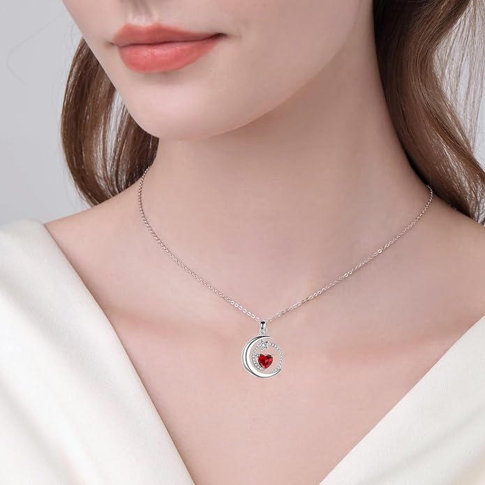 S925 Sterling Silver Birthstone Pendant Necklace Moon Star Necklace Jewelry Gift for Women Anniversary Valentine's day