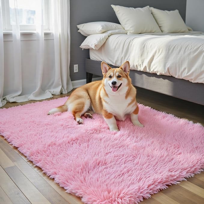 Fluffy Rug Shag Area Rug,Pink 3x5 Area Rugs for Bedroom | Non-Slip Small Soft Bedside Rug for Entryway,Living Room and Home Office