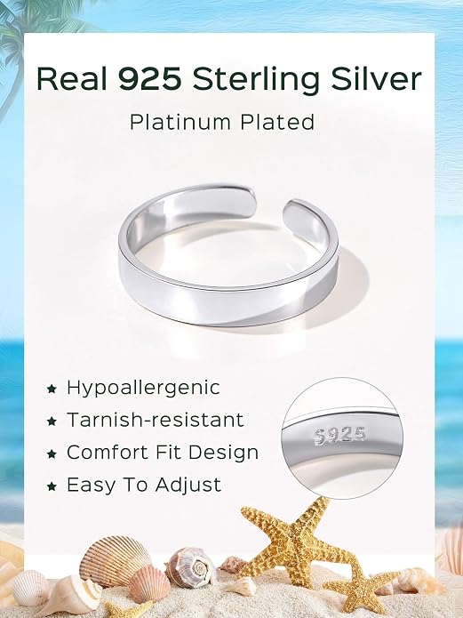 ChicSilver Silver Toe Rings for Women Balck Toe Rings for Women Non Tarnish Wide Band Toe Ring Black Toe Jewelry for Summer Beach
