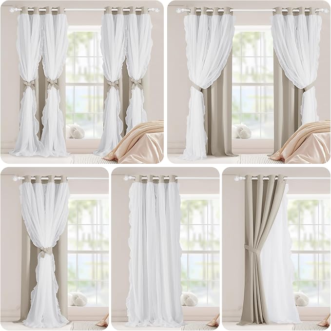 PONY DANCE Girls Curtains for Bedroom Decorative Drapes for Kids Double Layer Curtain Ruffle Sheer Overlay Room Darkening Pretty Chic Princess, 52x84 inch, Cream, 2 PCs