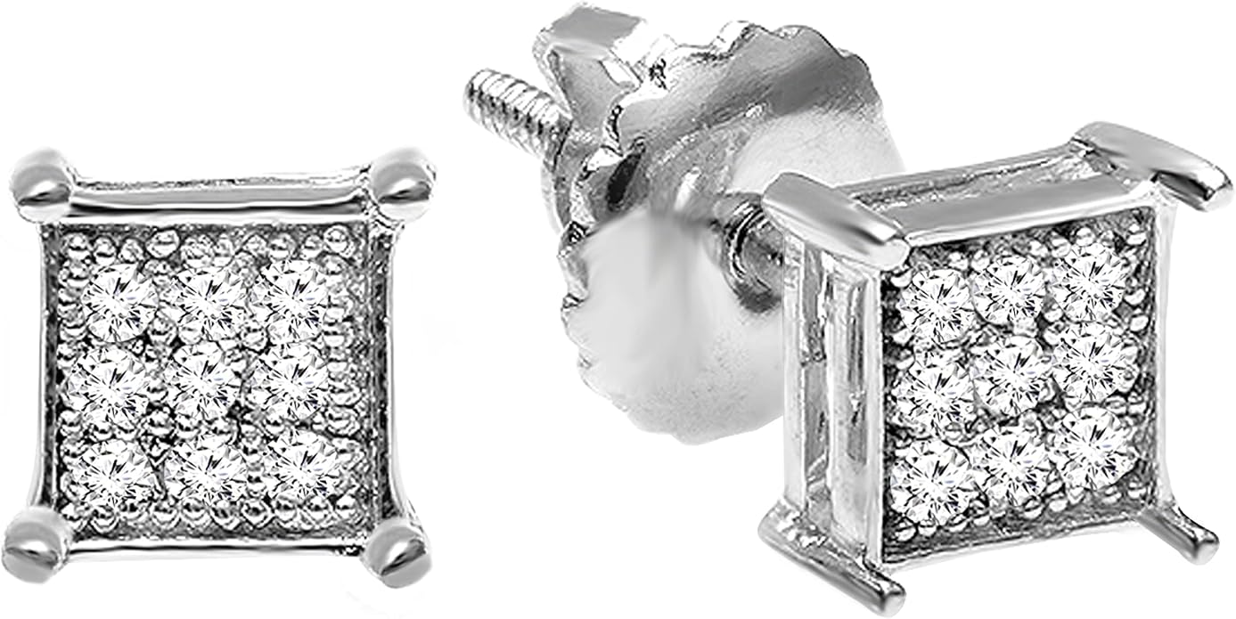 Dazzlingrock Collection 0.10 Ctw Natural Round White Diamond 4.5mm Square Micropave Hip Hop Studs, Unisex Design Ladies,Mens Real Diamond Earrings