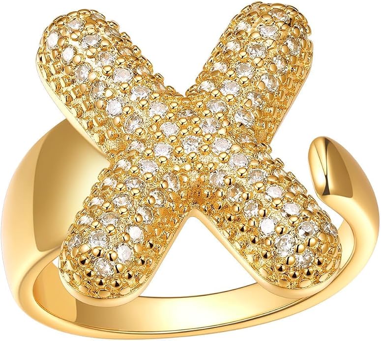 FindChic Initial Ring for Women, Gold Plated Chunky Letter Rings Open Adjustable Trendy Sparkling Cubic Zirconia Personalized Statement Rings Jewelry Gift
