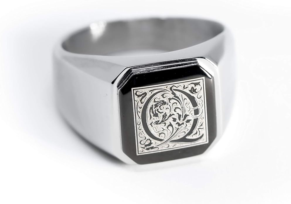 Jewelry | Stainless Steel Letter Alphabet Initial Ring | Square Flat Top Ring for Men & Women | Stainless Steel Jewelry, (Black, Gold, Silver), Size 7-16