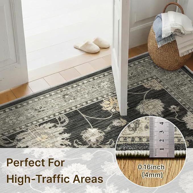 3x5 Area Rug for Living Room-Vintage Farmhouse Boho Floral Washable Stain Resistant Indoor Carpet for Bedroom Office and Home Decor(Black&Gold)