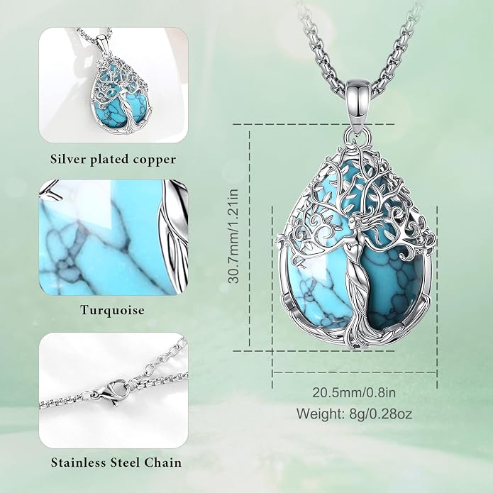 AEONSLOVE Tree of Life Necklace with Crystal for Women, Amethyst/Obsidian/Turquoise/Moonstone/Malachite Crystal Pendant Necklaces for Ladies