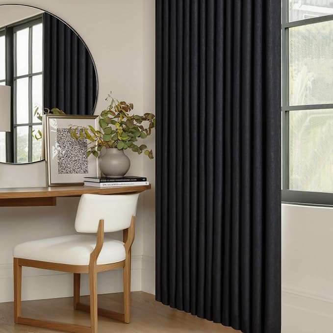 Black Pinch Pleated Full Blackout Linen 80 Inch Window Curtains 2 Panels | 100% Black Out Room Darkening Thermal Insulated, for Living Room Bedroom, Back Tab Pinch Pleat with Hooks Rings, W40xL80