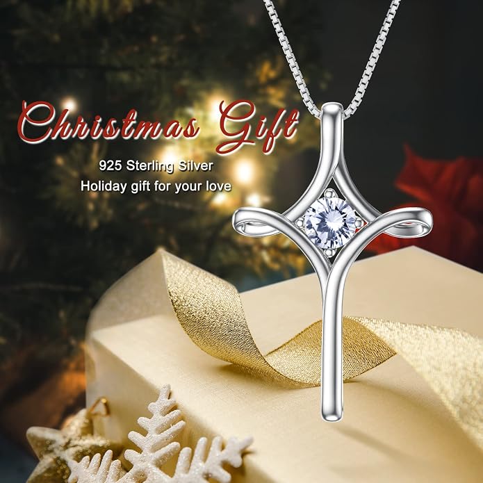 TOUPOP Cross Necklace for Women 925 Sterling Silver Birthstone Cross Pendant Fine Jewelry Anniversary Birthday Mothers Day Gifts for Mom Wife Her