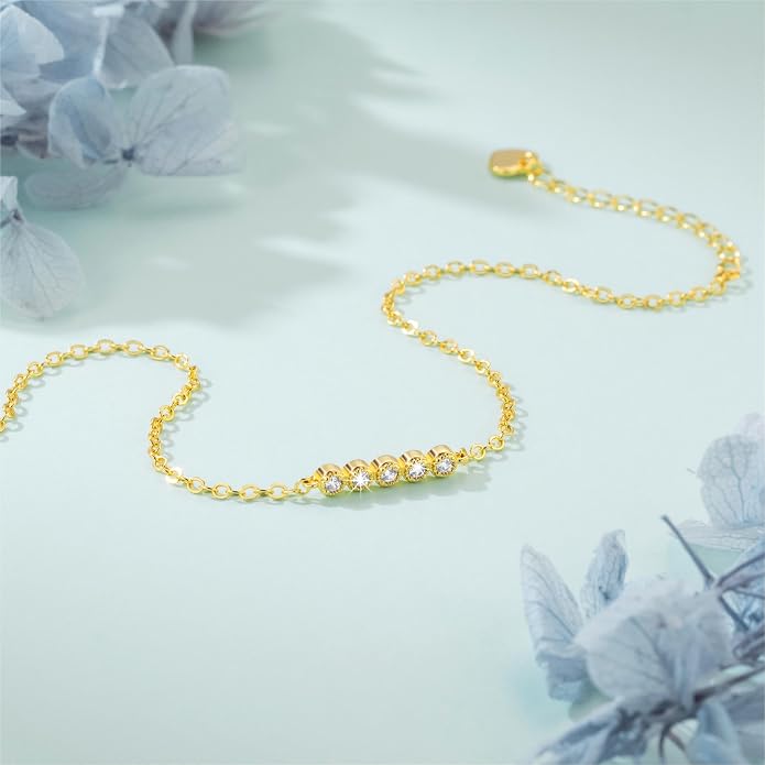 14K Gold Plated Ankle Bracelets for Womens Ankle Bracelet 14K Gold Plated Anklets for Women Elegant Line with Five Cubic Zirconias Anklets for Womens Adjustable 9.4+1.6in