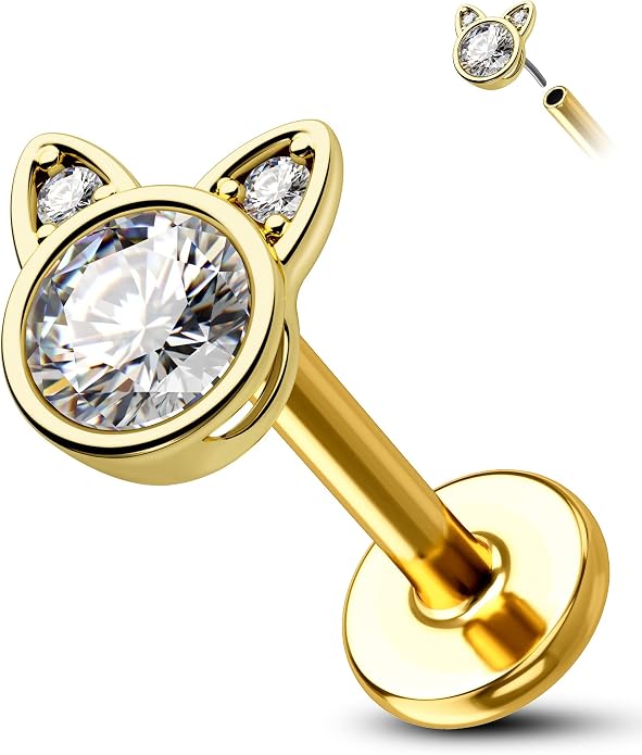 COCHARM 14K Gold Threadless Helix Cartilage Tragus Earring Stud, 16g Cat 14K Real Gold Tragus Labret Stud Flat Back, 14Kt Push Pin Helix Cartilage Piercing Jewelry