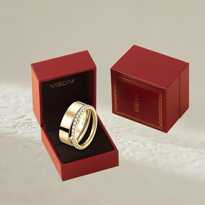 2 Pack Sterling Silver Eternity Ring & Gold Band for Women, 2mm CZ Stackable Wedding Engagement Promise Rings, Simple 5mm Plated Band, Size 5-10, Gift Jewelry Set