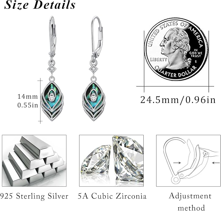 CUOKA MIRACLE Peacock Feather Earrings 925 Sterling Silver Abalone Shell Earring Hypoallergenic Bohemia Earrings for Women Jewelry Christmas Birthday Gifts for Women Men Mom