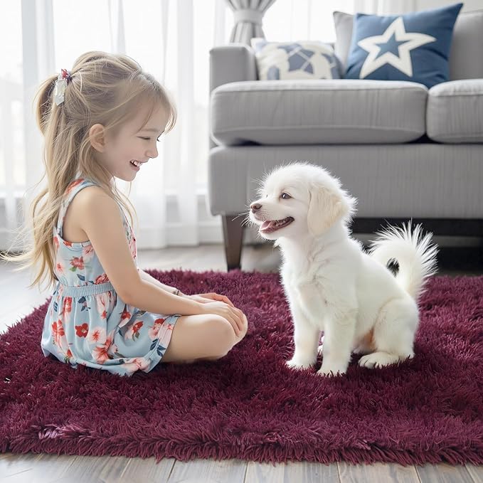 Rugs for Bedroom 4x6, Alfombras para Salas Shag Plush Soft Area Rug, Shaggy Carpets for Livingroom,Home Decor Aesthetic(Burgundy, 4 x 6)