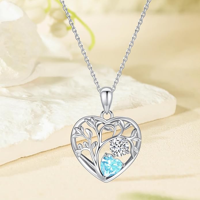Tree of Life Birthstone Necklace Birthday Gifts 925 Sterling Silver Heart Pendant Birthstone Necklaces for Women Personalized 2 Gemstone Anniversary Graduation Gifts for Her Wife Mom