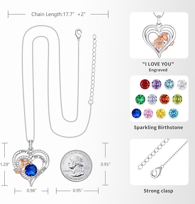 Birthstone Heart Necklaces for Women 925 Sterling Silver Fine Jewelry Rose Pendant Necklace Anniversary Birthday Mothers Day Gifts Her Wife Women Mom Daughter