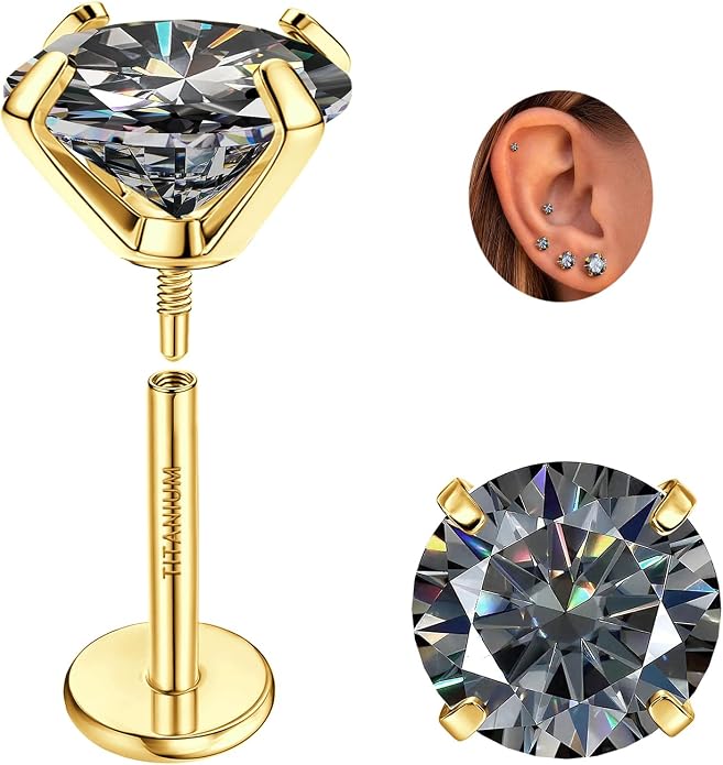 GEMQUEEN Moissanite Earrings G23 Titanium Extended Internal Thread Flat Back Earrings Hypoallergenic Tragus Cartilage Helix Conch Piercing Jewelry for Women Men 18G 6/8mm Post Gray/D Color 0.2-3CT