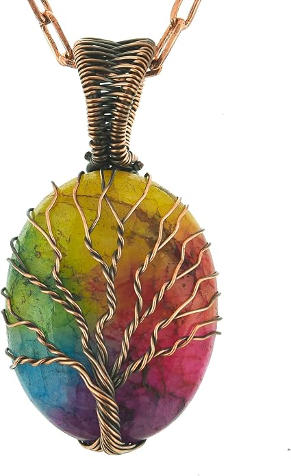 Tree Of Life Natural Gemstone Pendant Copper Wire Wrapped Jewelry Necklace
