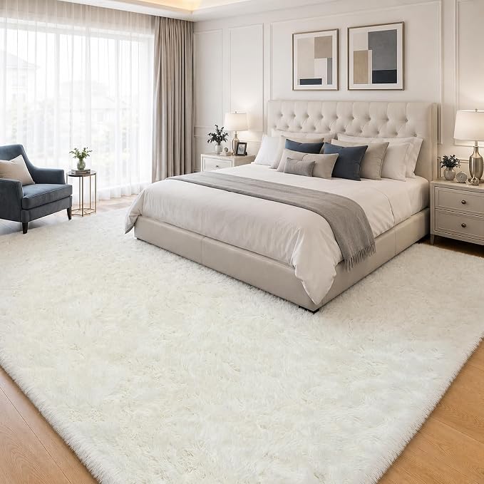 8x10 Area Rugs for Living Room Bedroom: White Soft Fluffy Shag Upgrade Non-Slip High Pile Carpet Large Fuzzy Plush Indoor Floor Decor Shaggy Rug for Kid Boys Girls Dorms Playroom Nursery Modern Home