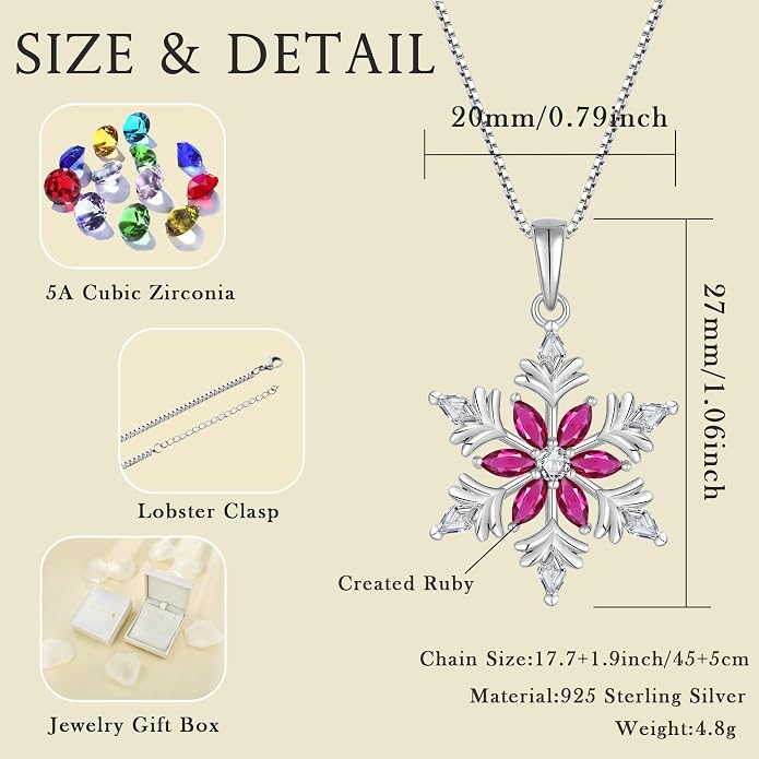 925 Sterling Silver Snowflake Necklace for Women Birthstone Snowflake Pendant Necklace Cubic Zirconia Christmas Jewelry