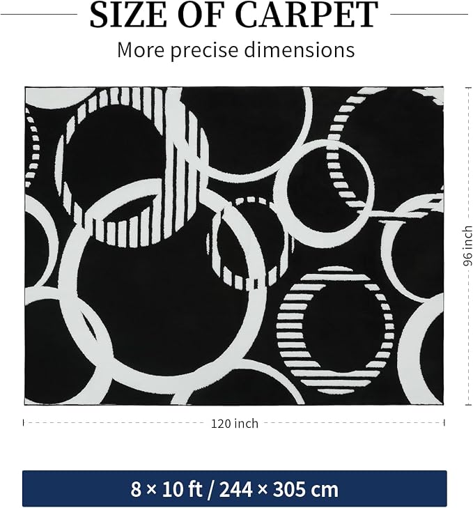 YIHOUSE Washable Black and White 8x10 Area Rugs for Living Room Non Slip | High and Low Pile Circle Pattern Rug for Bedroom, Soft Modern 3D Textured Carpet for Dining Room Playroom Home Office Decor