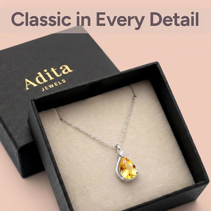 ADITA GOLD Birthstone Necklace for Women, 925 Sterling Silver Teardrop Pendant, Simulated Gemstone, Birthstone Jewelry