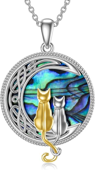 TOUPOP Cat Necklace Sterling Silver Abalone Shell Celtic Cat on the Moon with Abalone Shell Birthday Christmas Jewelry Gifts for Women