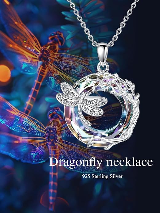 Dragonfly Necklace 925 Sterling Silver Dragonfly/Sunflower Bee Pendant Necklace Dragonfly with Blue Circle Crystal Dragonfly Jewelry Gifts as Holiday Christmas Gifts for Women