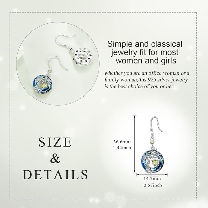 POPLYKE Tree of Life Birthstone Earrings 925 Sterling Silver Dainty Gemstone Birthstone Dangle Drop Earring with Crystal Fine Jewelry Birthday Gifts for Women Her