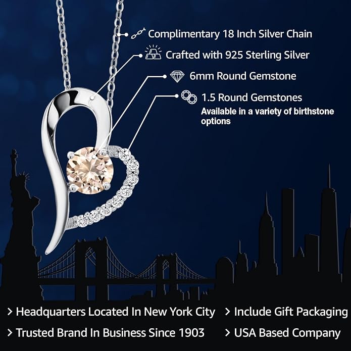 Gem Stone King Heart Shape Pendant Necklace For Women | 925 Sterling Silver | 6MM Round Gemstone Birthstone | Heart Necklace For Women | With 18 Inch Silver Chain