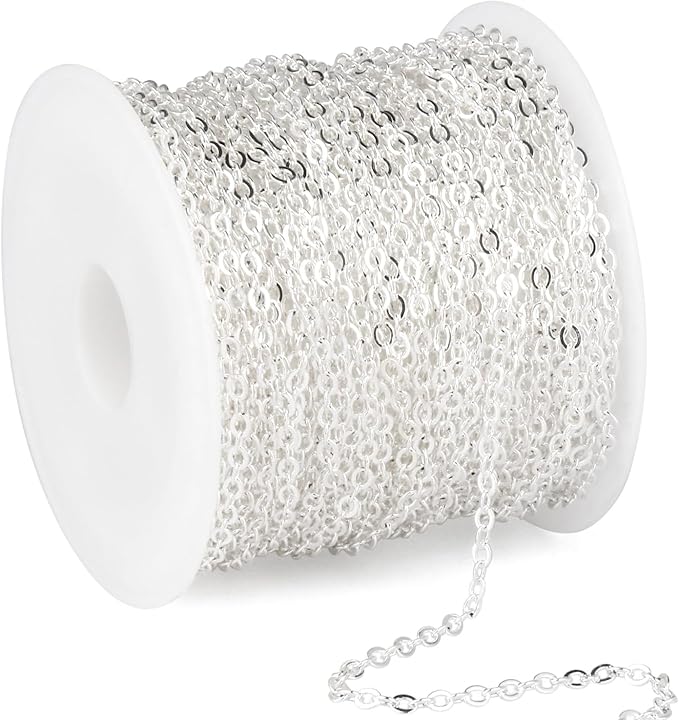 33 Feet Silver Plated Stainless Steel Cable Chain Bulk, 2mm 304 Stainless Steel Silver Flat Cable Link Chains Roll Spool for Jewelry Making Necklace DIY Craft