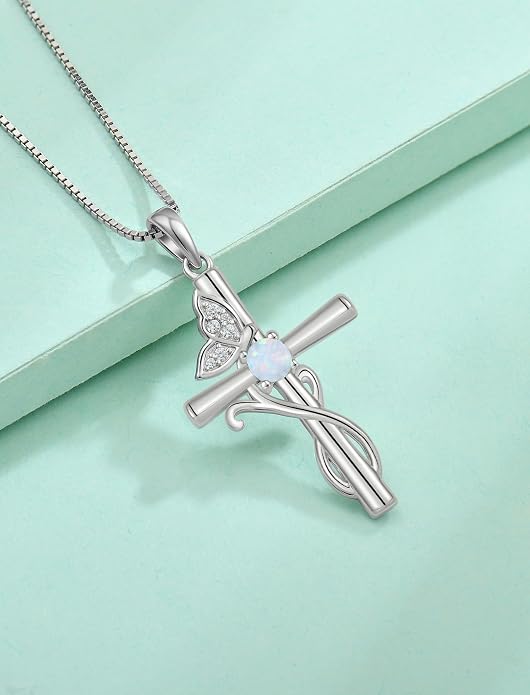 STARCHENIE Butterfly Cross Necklace 925 Sterling Silver Crucifix Pendant Birthstone Jewelry for Women